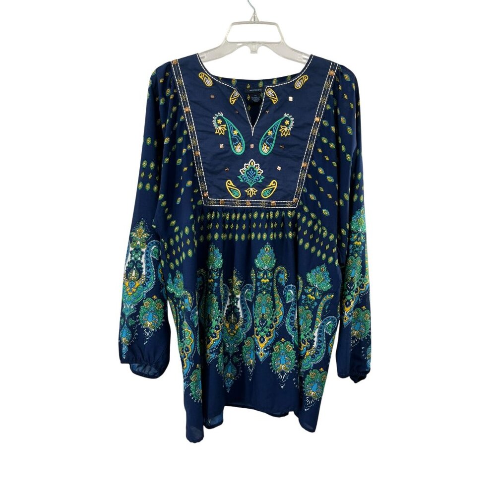 Westbound Womens XL Boho Embroidered V-Neck Pullover Blouse  Navy/Green Sequins - Picture 15 of 15